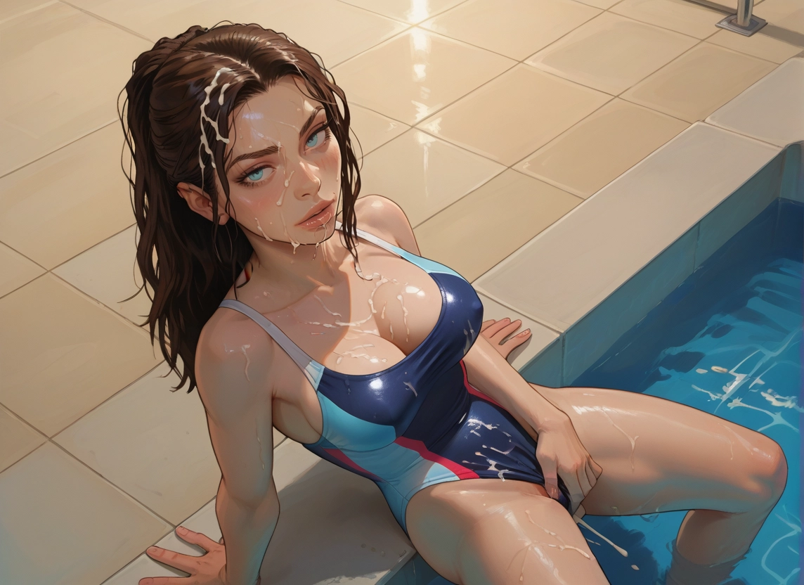 1girl, breasts, swimsuit, solo, one-piece swimsuit, cum · Yamete.gg
