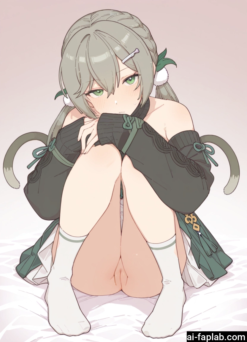 1girl, solo, pussy, green eyes, blush, tail