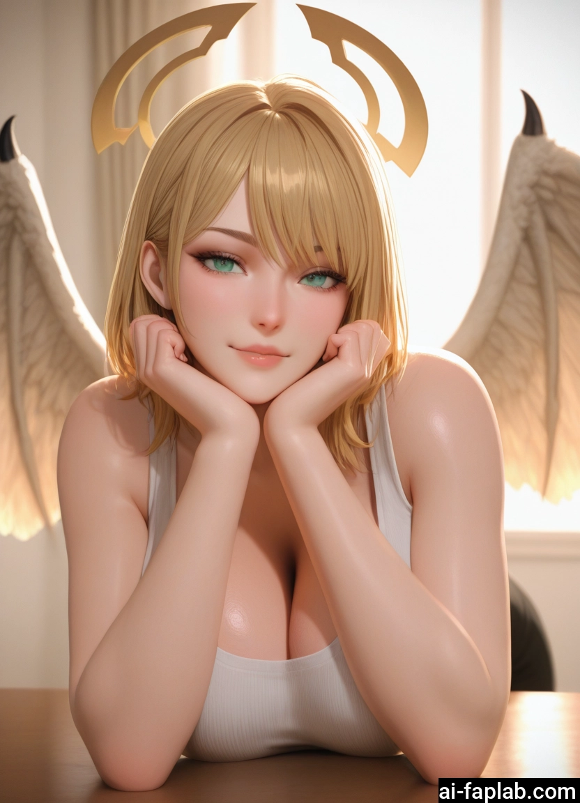 1girl, breasts, wings, blonde hair, cleavage, halo · Yamete.gg