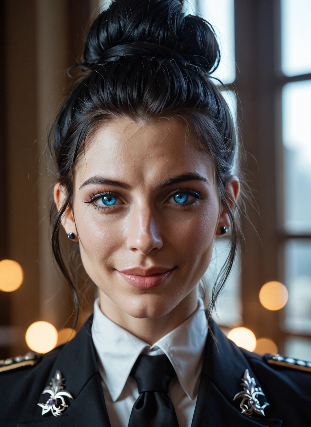 1girl, solo, jewelry, necktie, earrings, blue eyes · Yamete.gg