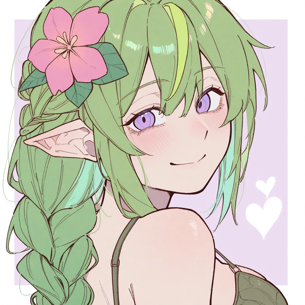 1girl, pointy ears, flower, green hair, hair ornament, solo · Yamete.gg