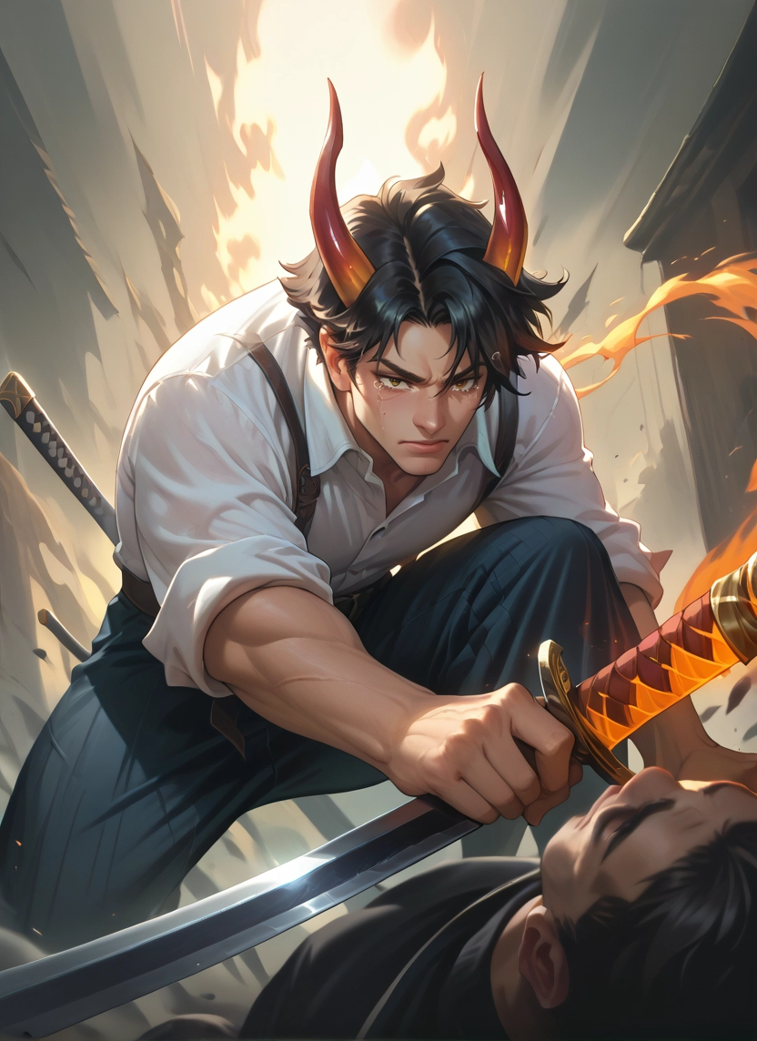 bara, weapon, sword, horns, multiple boys, 2boys · Yamete.gg