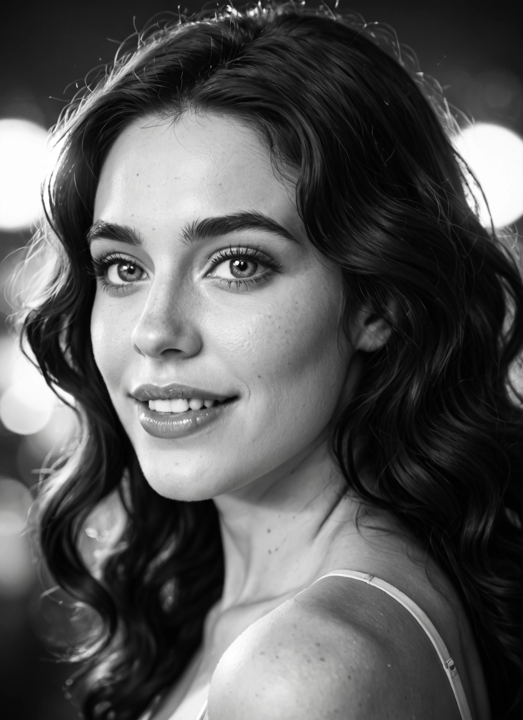 monochrome, greyscale, 1girl, solo, realistic, smile · Yamete.gg