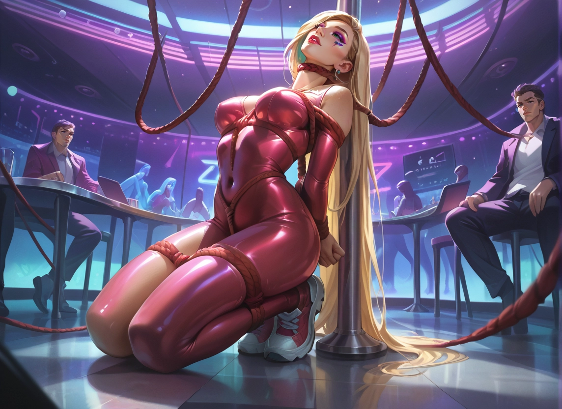 blonde hair, bound, bdsm, long hair, bondage, bodysuit · Yamete.gg