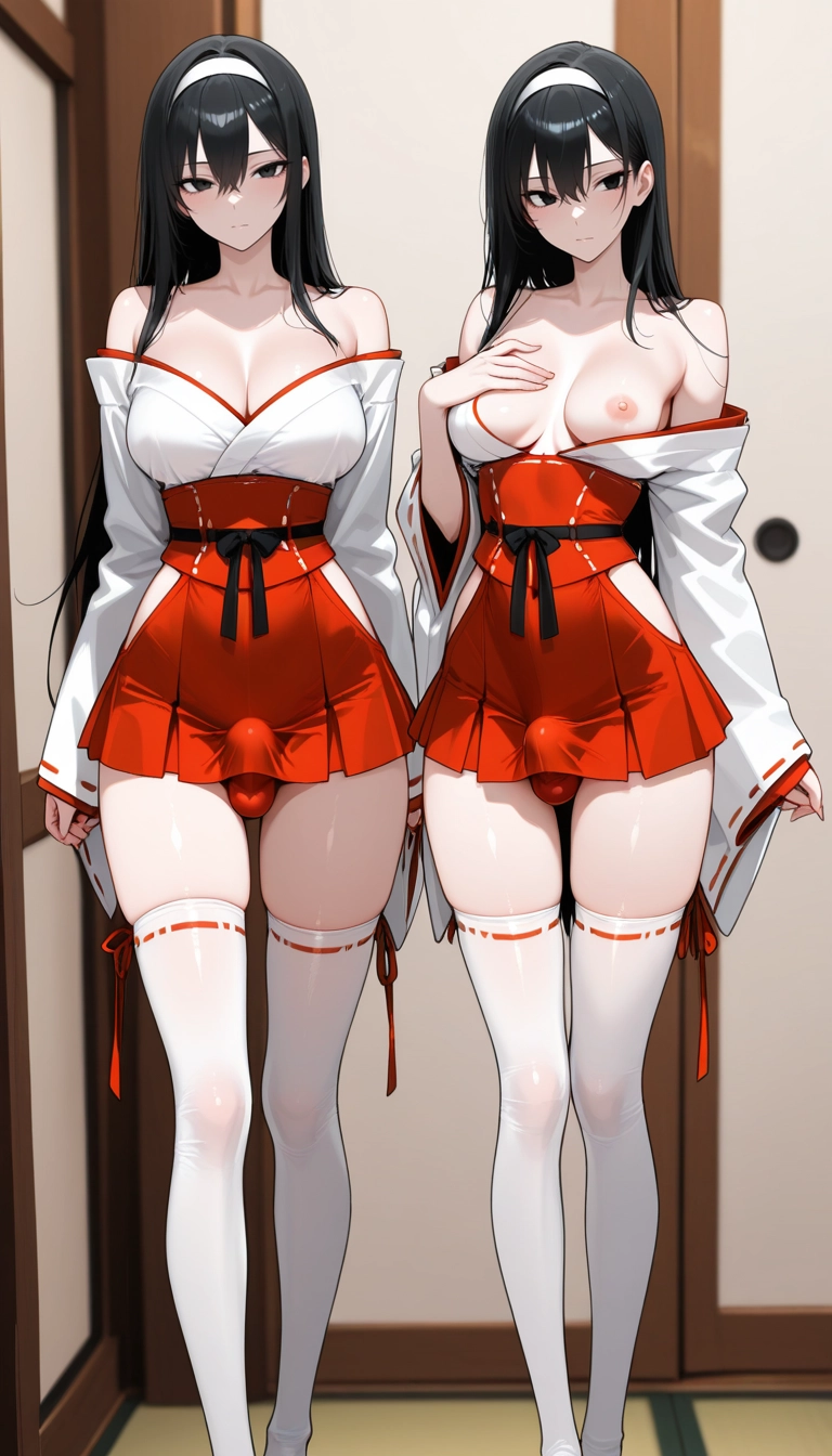 futanari, breasts, off shoulder, thighhighs, japanese clothes, long hair