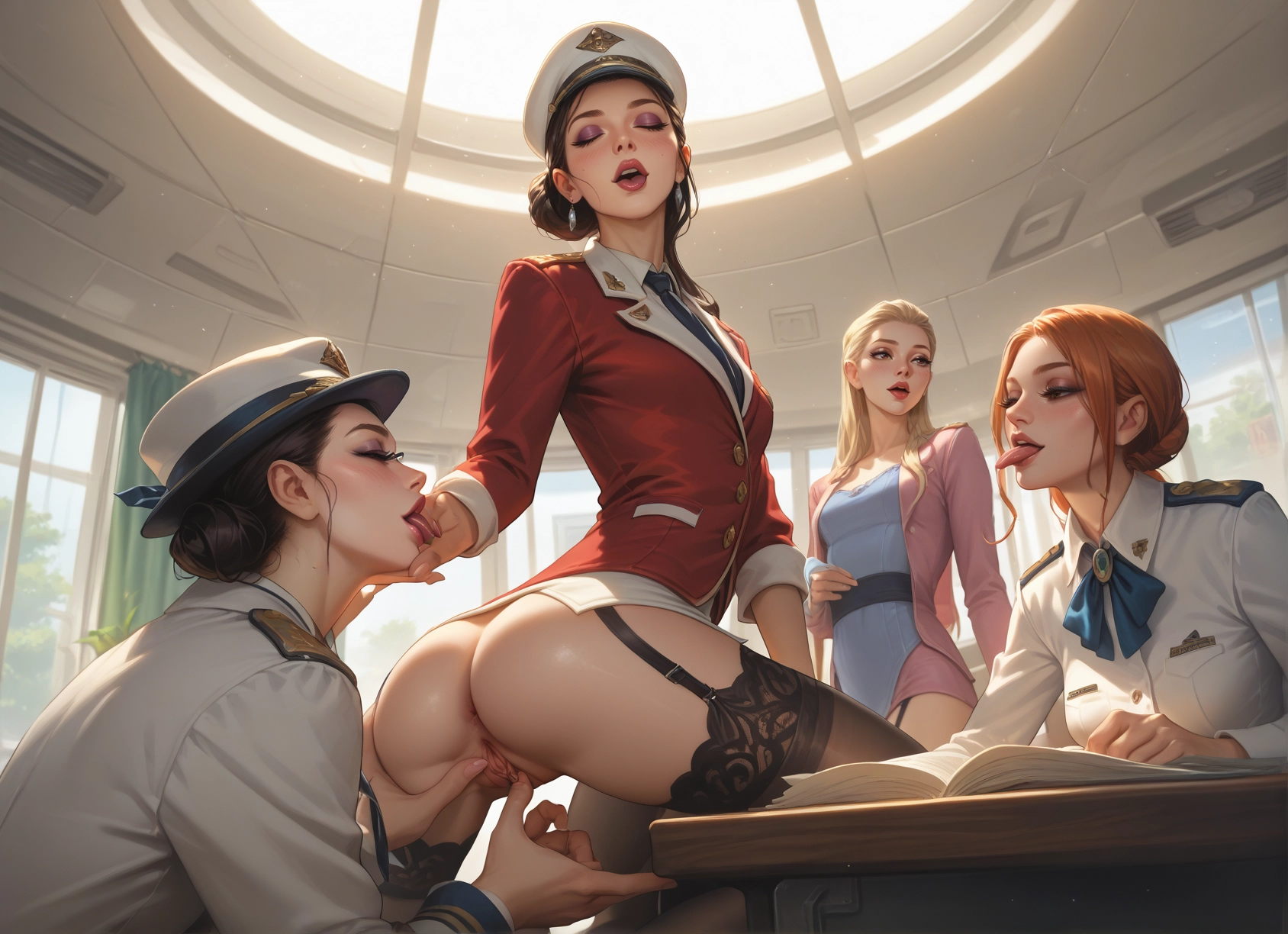 multiple girls, 3girls, pussy, thighhighs, ass, garter straps · Yamete.gg