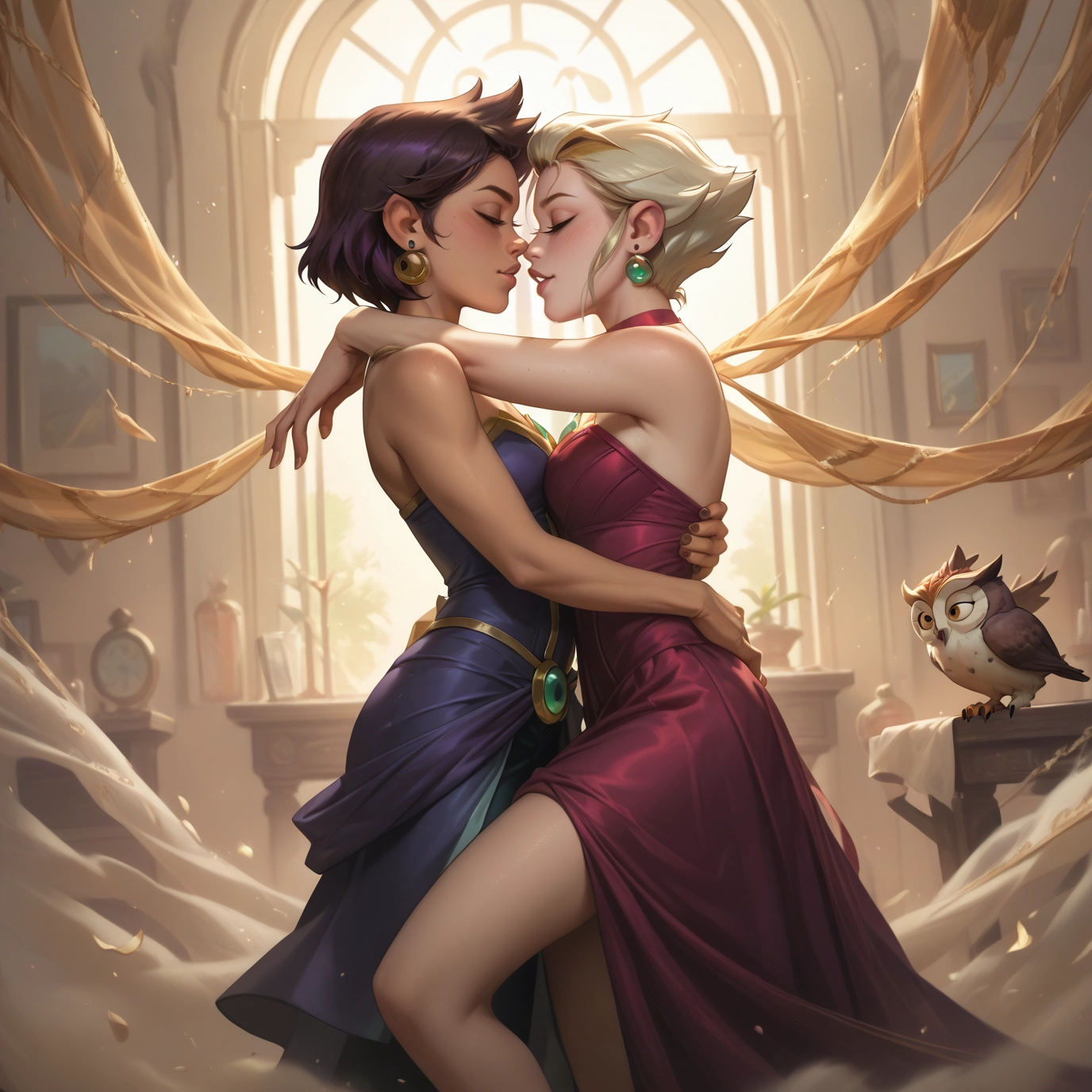 multiple girls, 2girls, dress, jewelry, earrings, bird · Yamete.gg