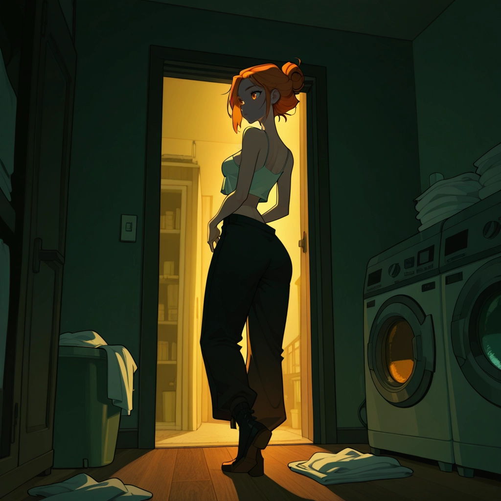 1girl, washing machine, solo, laundry basket, pants, orange hair · Yamete.gg