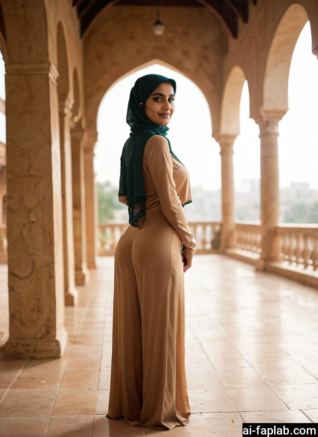 1girl, solo, ass, hijab, looking at viewer, dress