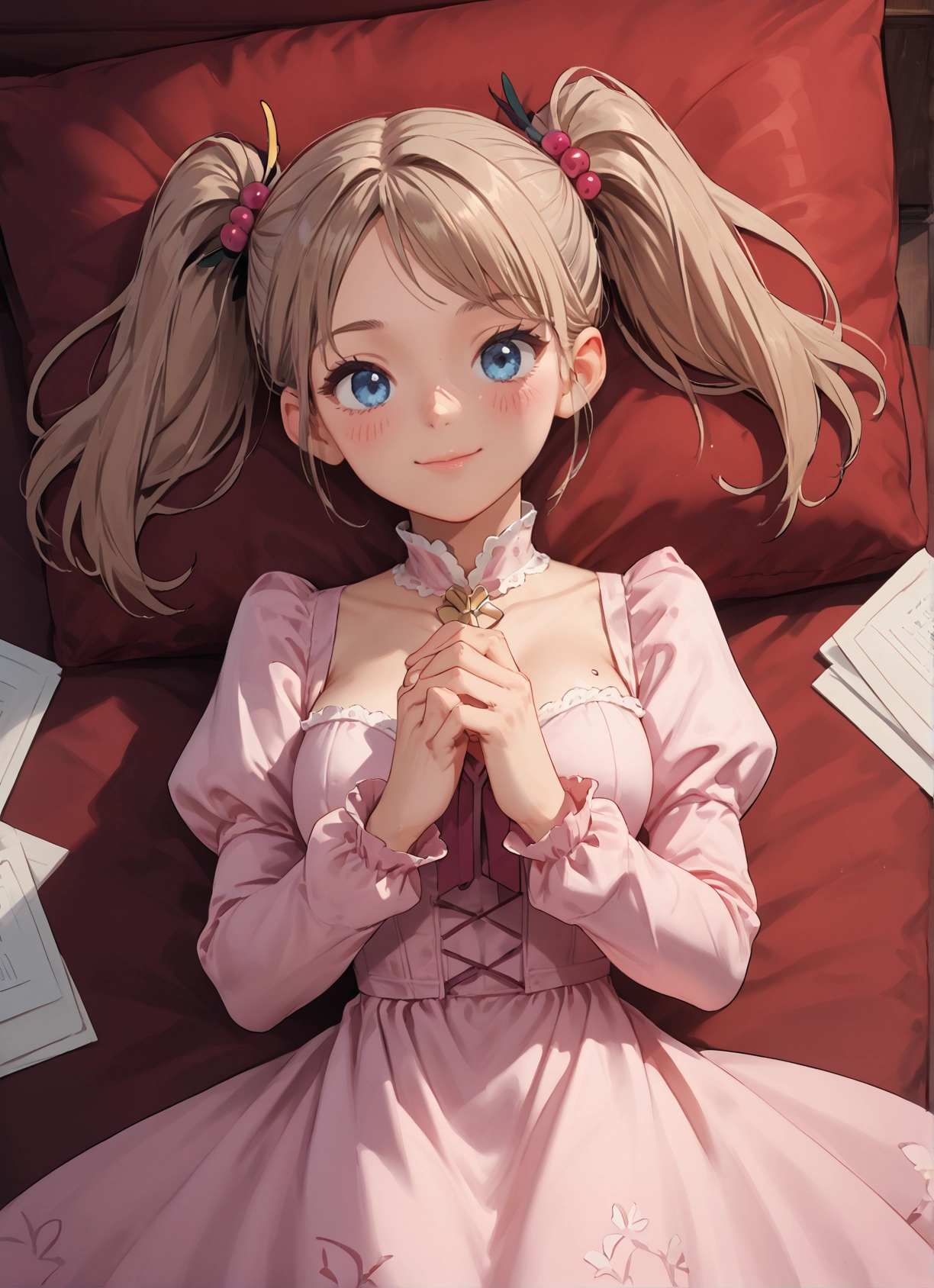 1girl, solo, twintails, blue eyes, dress, lying · Yamete.gg