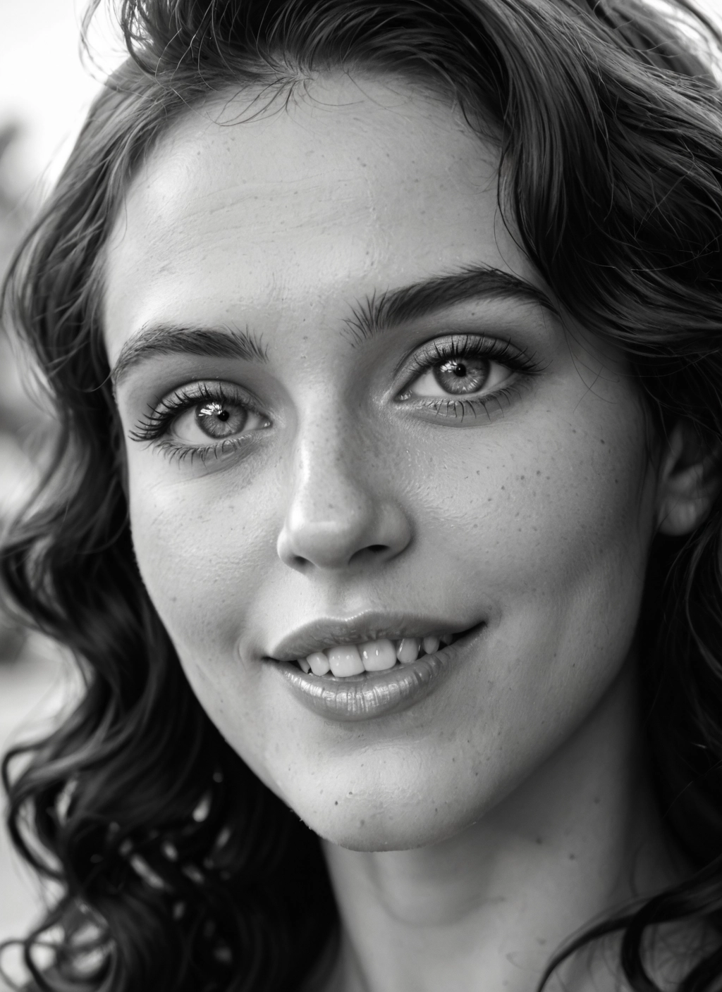 monochrome, 1girl, greyscale, solo, smile, looking at viewer · Yamete.gg
