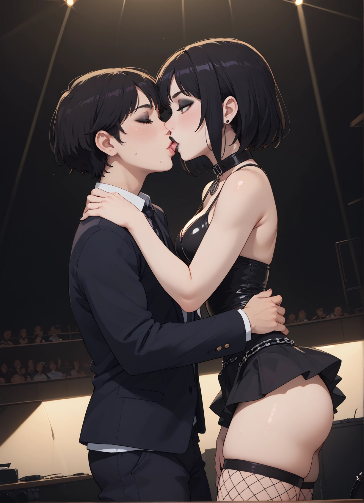 1girl, kiss, 1boy, breasts, black hair, fishnets · Yamete.gg