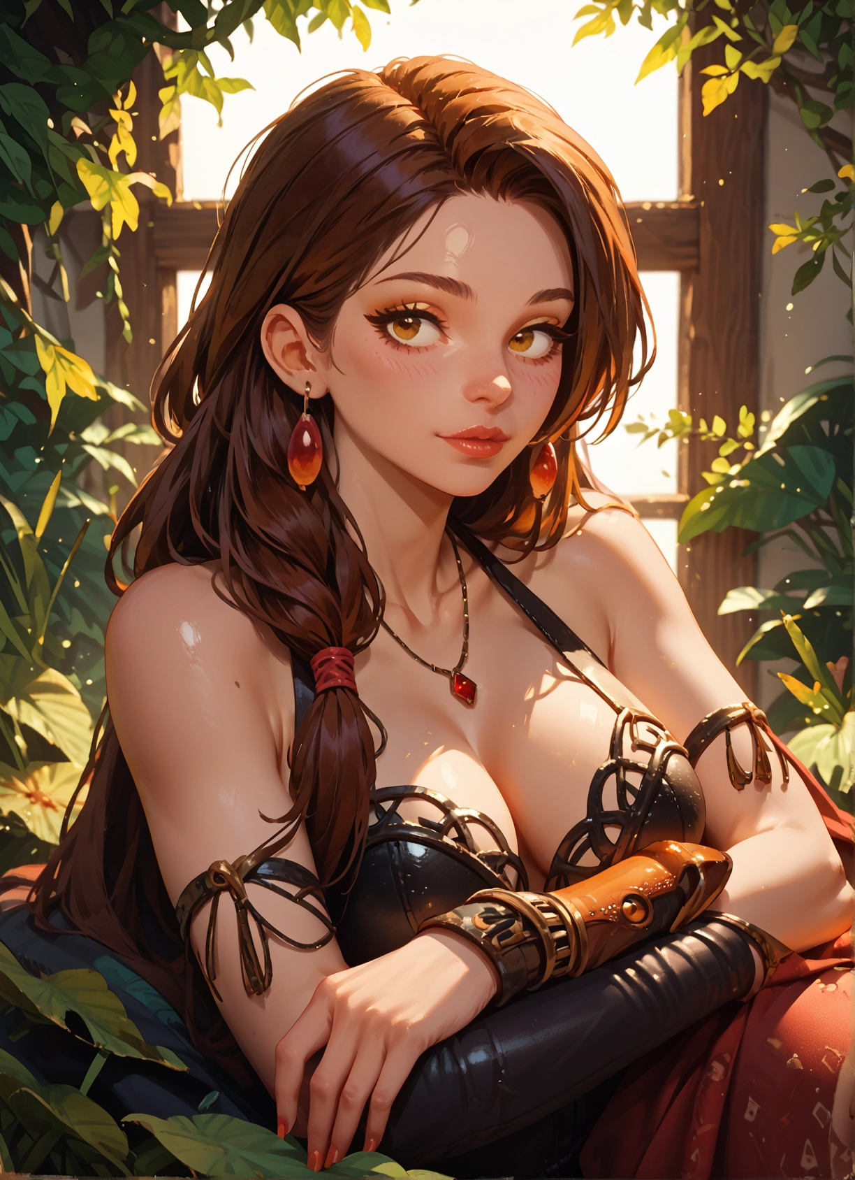 1girl, breasts, jewelry, earrings, brown hair, solo · Yamete.gg