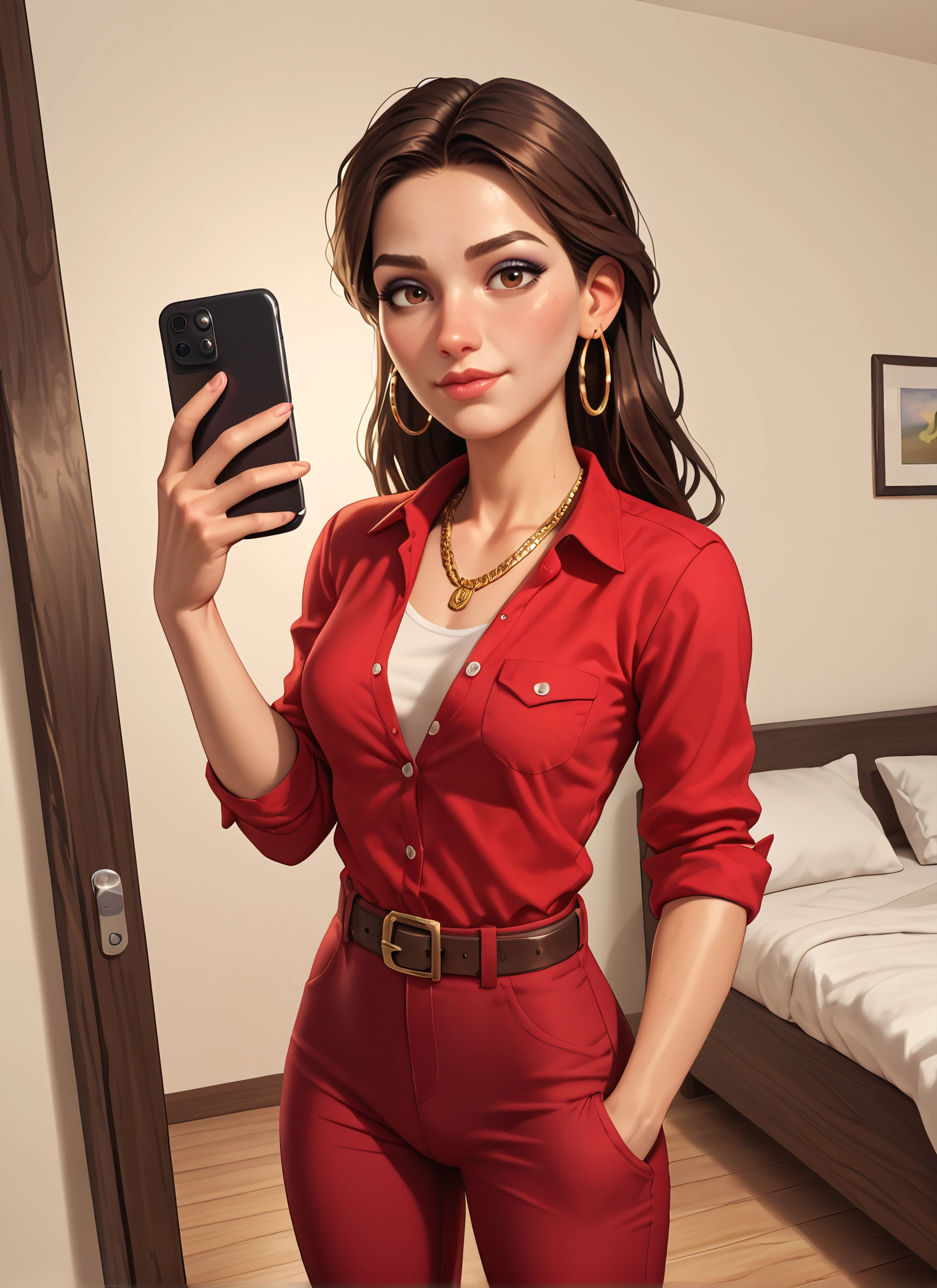 1girl, jewelry, phone, solo, earrings, brown hair · Yamete.gg