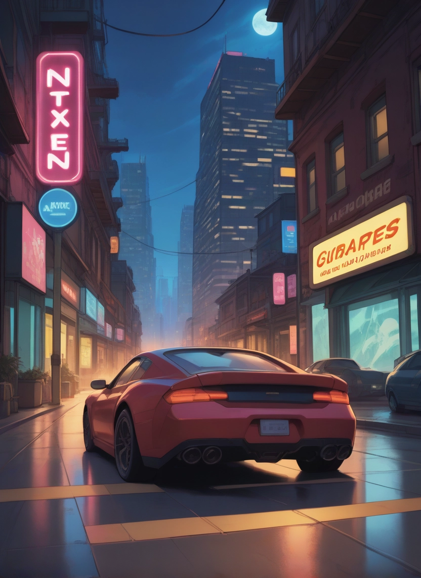 motor vehicle, car, ground vehicle, night, moon, city · Yamete.gg