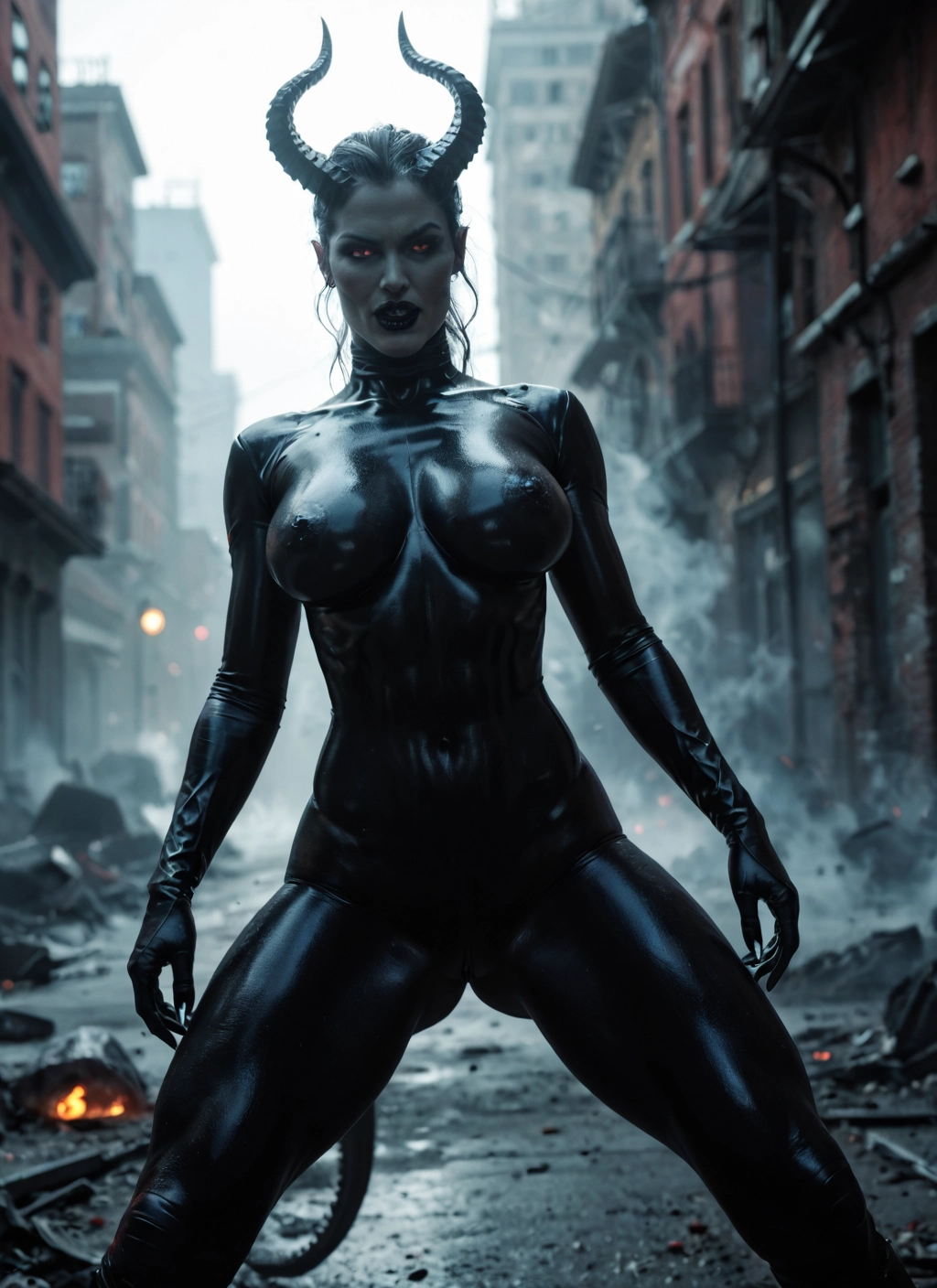 1girl, horns, tail, breasts, bodysuit, solo · Yamete.gg