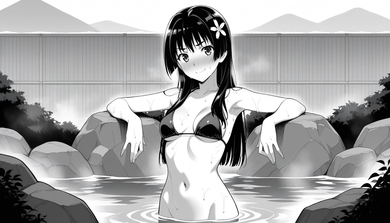 1girl, monochrome, greyscale, bikini, solo, saten ruiko · Yamete.gg