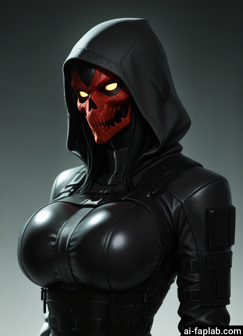 1girl, breasts, solo, hood, mask, large breasts
