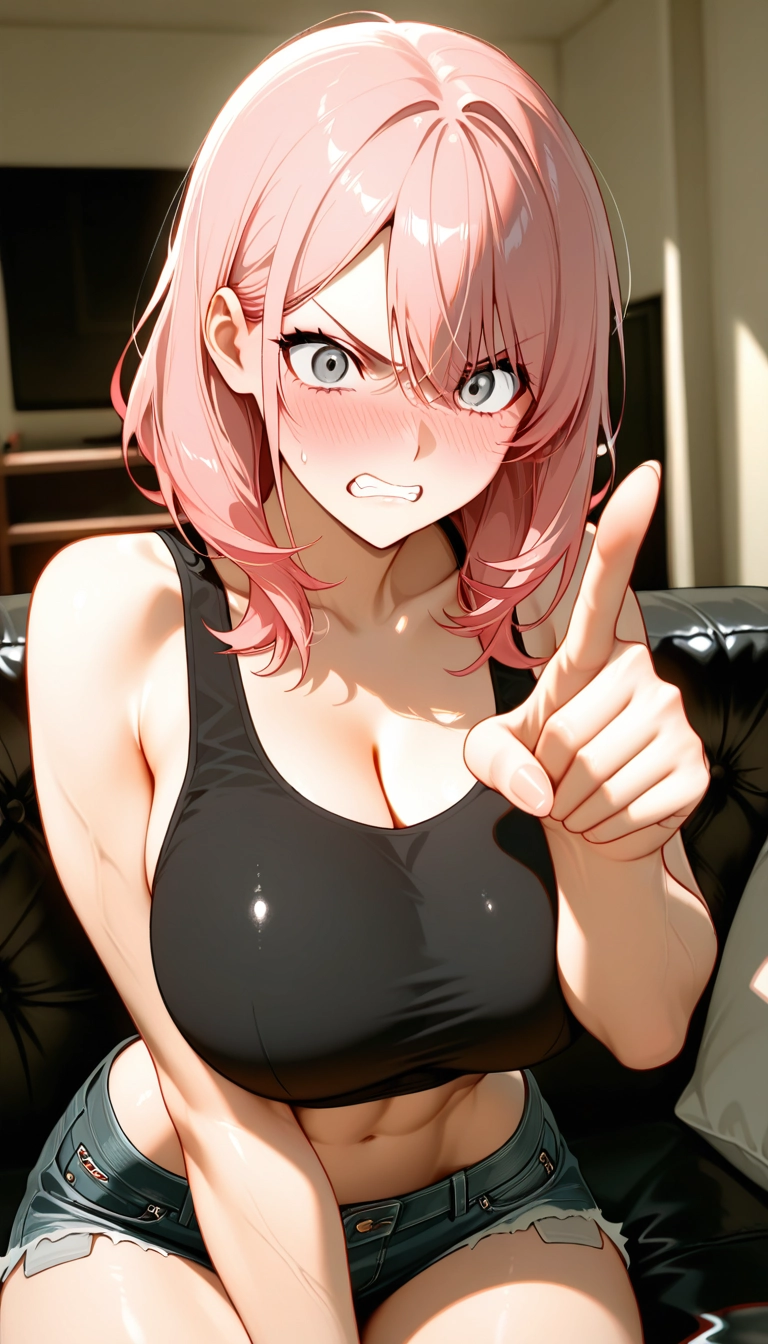 1girl, breasts, shorts, solo, teeth, clenched teeth · Yamete.gg