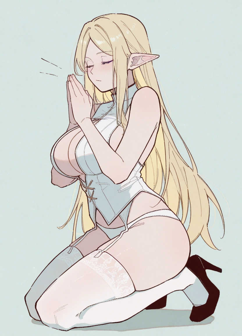 1girl, breasts, long hair, pointy ears, blonde hair, thighhighs · Yamete.gg