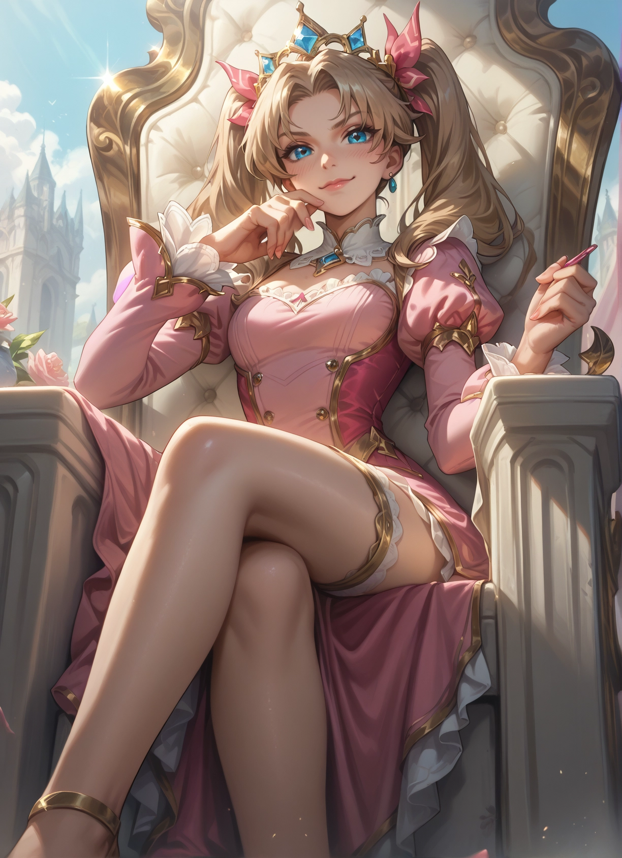 1girl, blue eyes, twintails, crossed legs, sitting, blonde hair · Yamete.gg