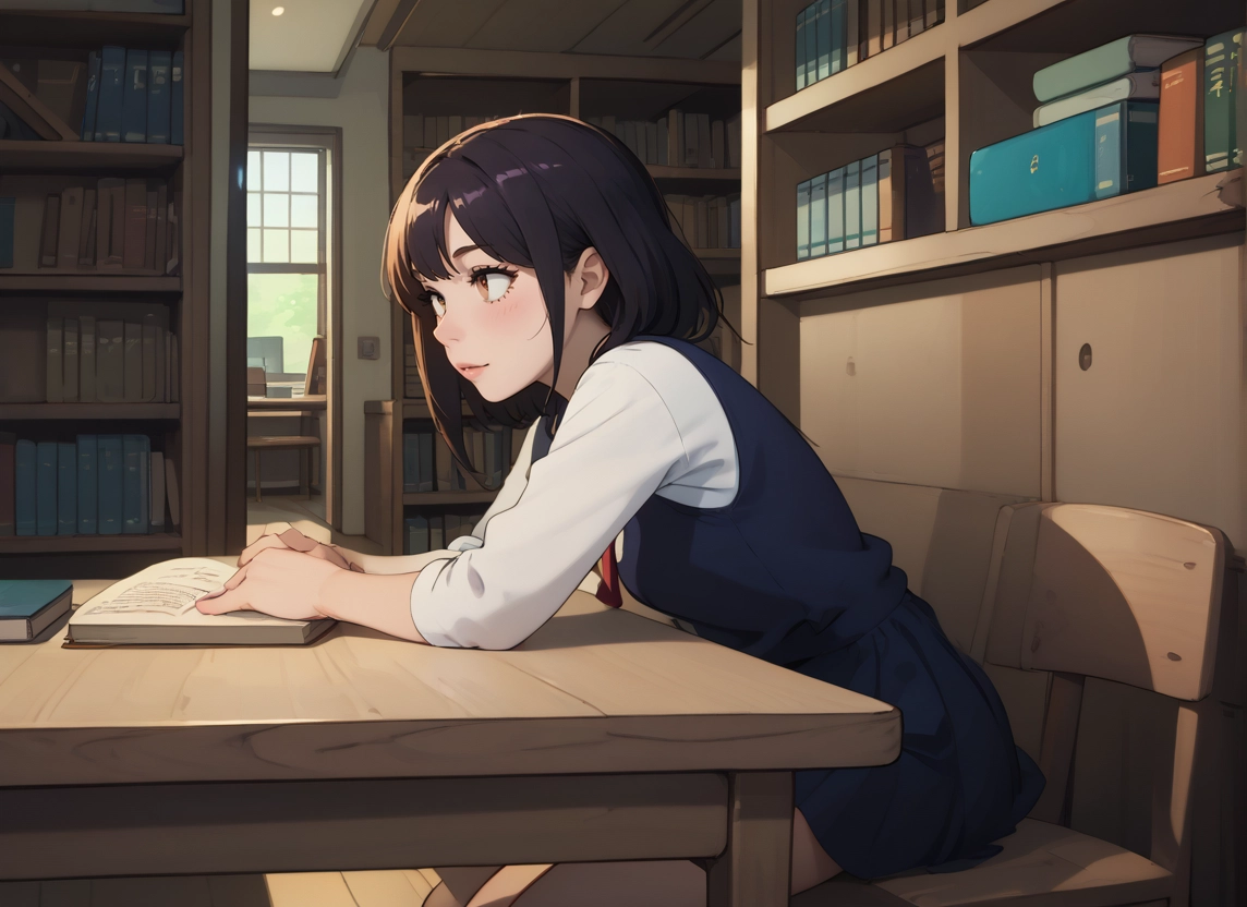 1girl, solo, book, bookshelf, sitting, indoors · Yamete.gg
