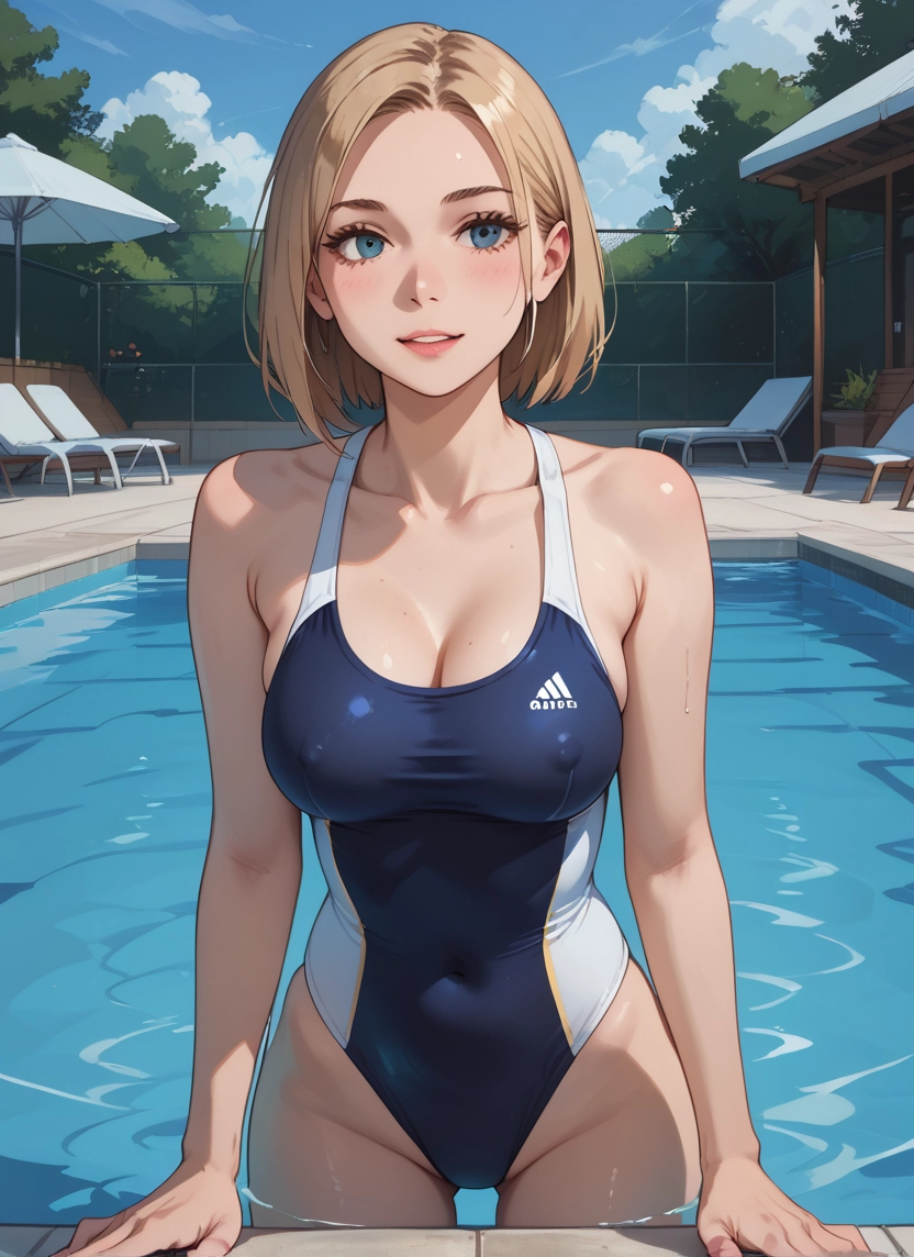 1girl, breasts, swimsuit, one-piece swimsuit, solo, blue eyes · Yamete.gg