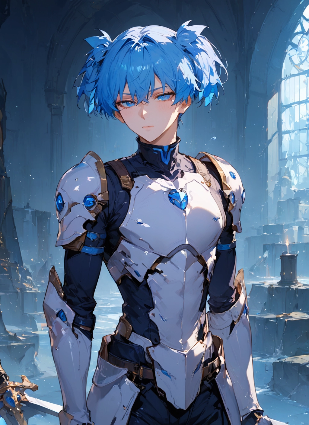 weapon, armor, sword, blue eyes, blue hair, solo · Yamete.gg