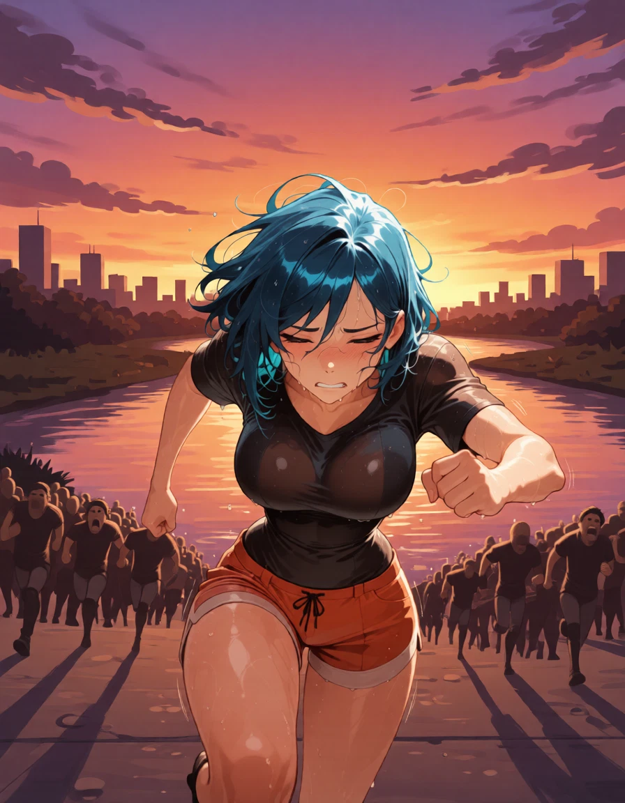 running, breasts, shorts, 1girl, blue hair, closed eyes · Yamete.gg