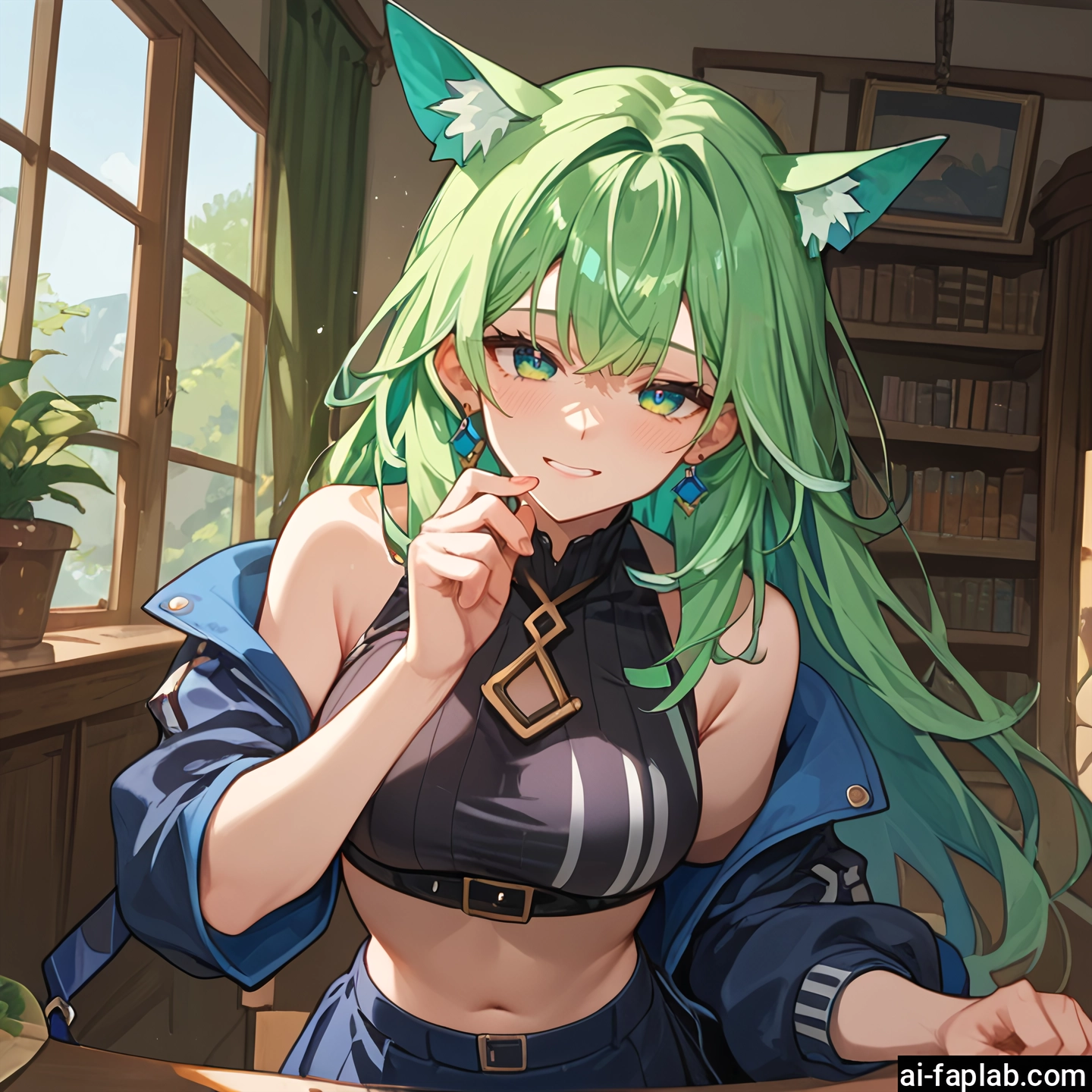 1girl, animal ears, solo, navel, jewelry, green hair · Yamete.gg