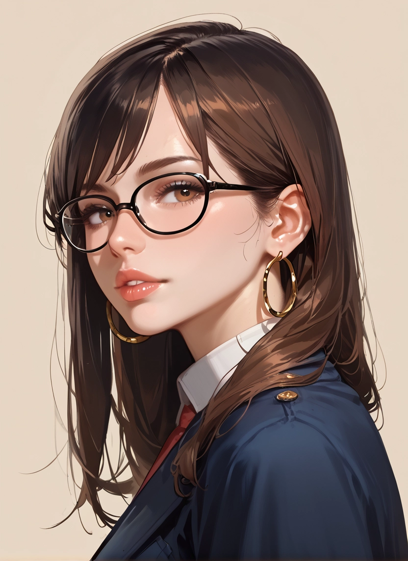 1girl, solo, brown hair, jewelry, glasses, earrings · Yamete.gg