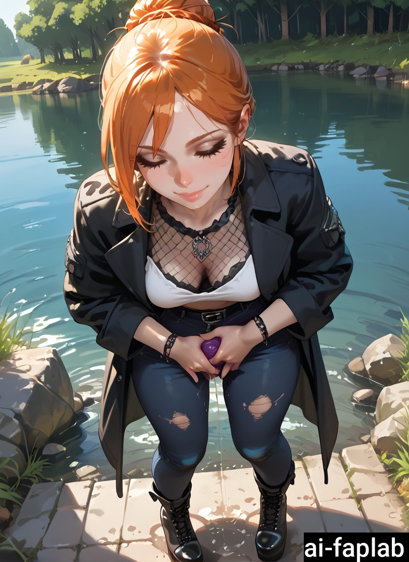 1girl, solo, pants, breasts, orange hair, closed eyes · Yamete.gg