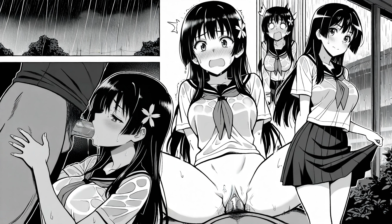 1girl, monochrome, rain, hetero, greyscale, penis · Yamete.gg