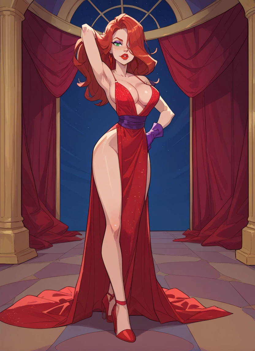 1girl, breasts, dress, green eyes, hair over one eye, solo · Yamete.gg