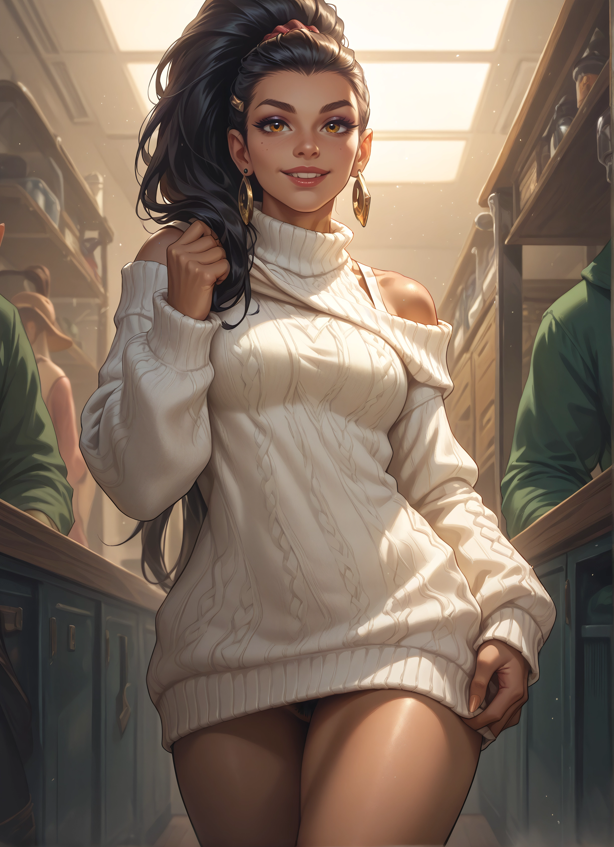 jewelry, earrings, sweater, dark skin, dark-skinned female, breasts · Yamete.gg