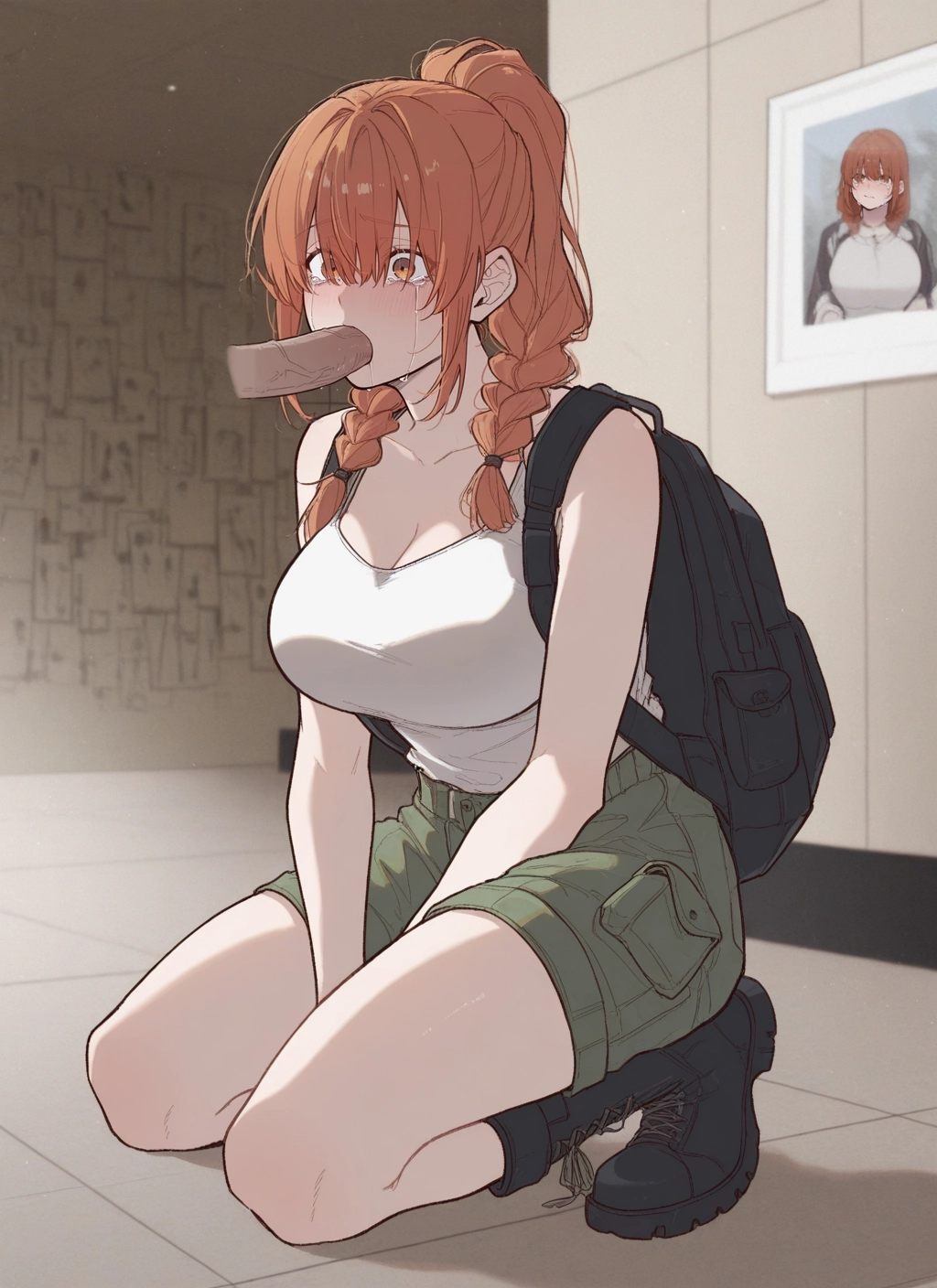 1girl, breasts, solo, boots, shorts, backpack · Yamete.gg