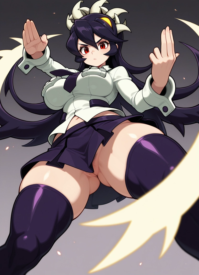 1girl, filia (skullgirls), breasts, red eyes, thighhighs, solo · Yamete.gg