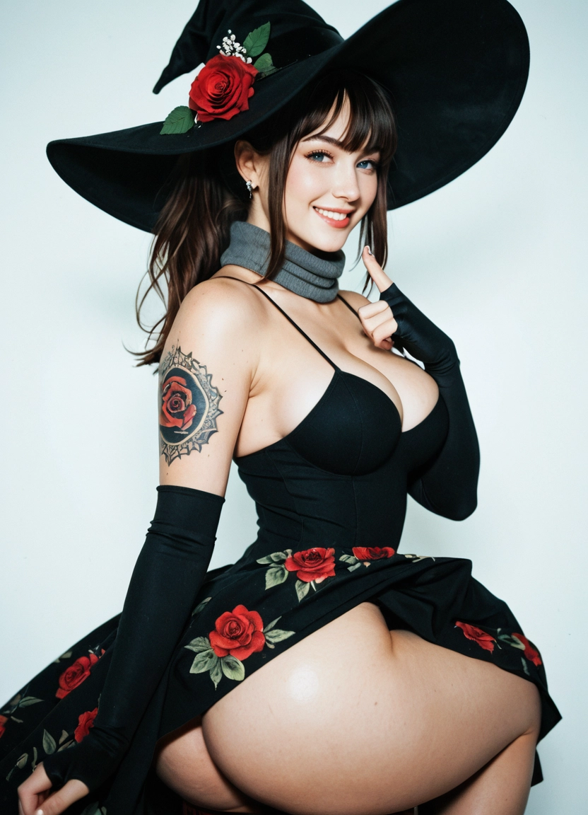 1girl, breasts, solo, hat, tattoo, dress · Yamete.gg