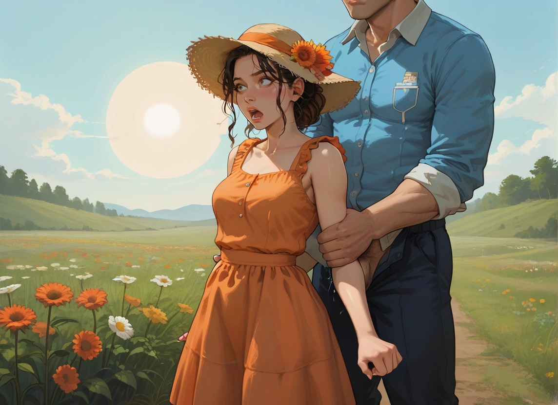 1girl, hat, 1boy, flower, outdoors, dress · Yamete.gg