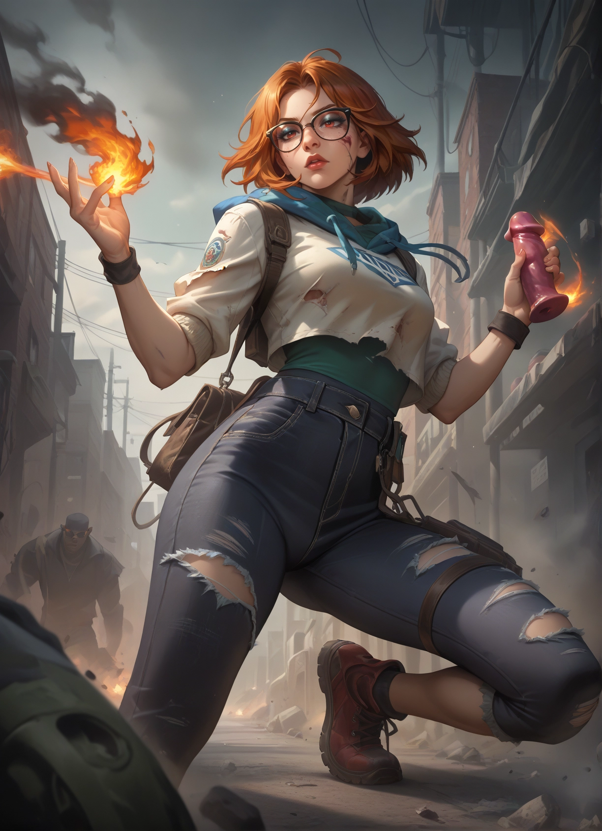 1girl, glasses, pants, torn clothes, sex toy, fire · Yamete.gg