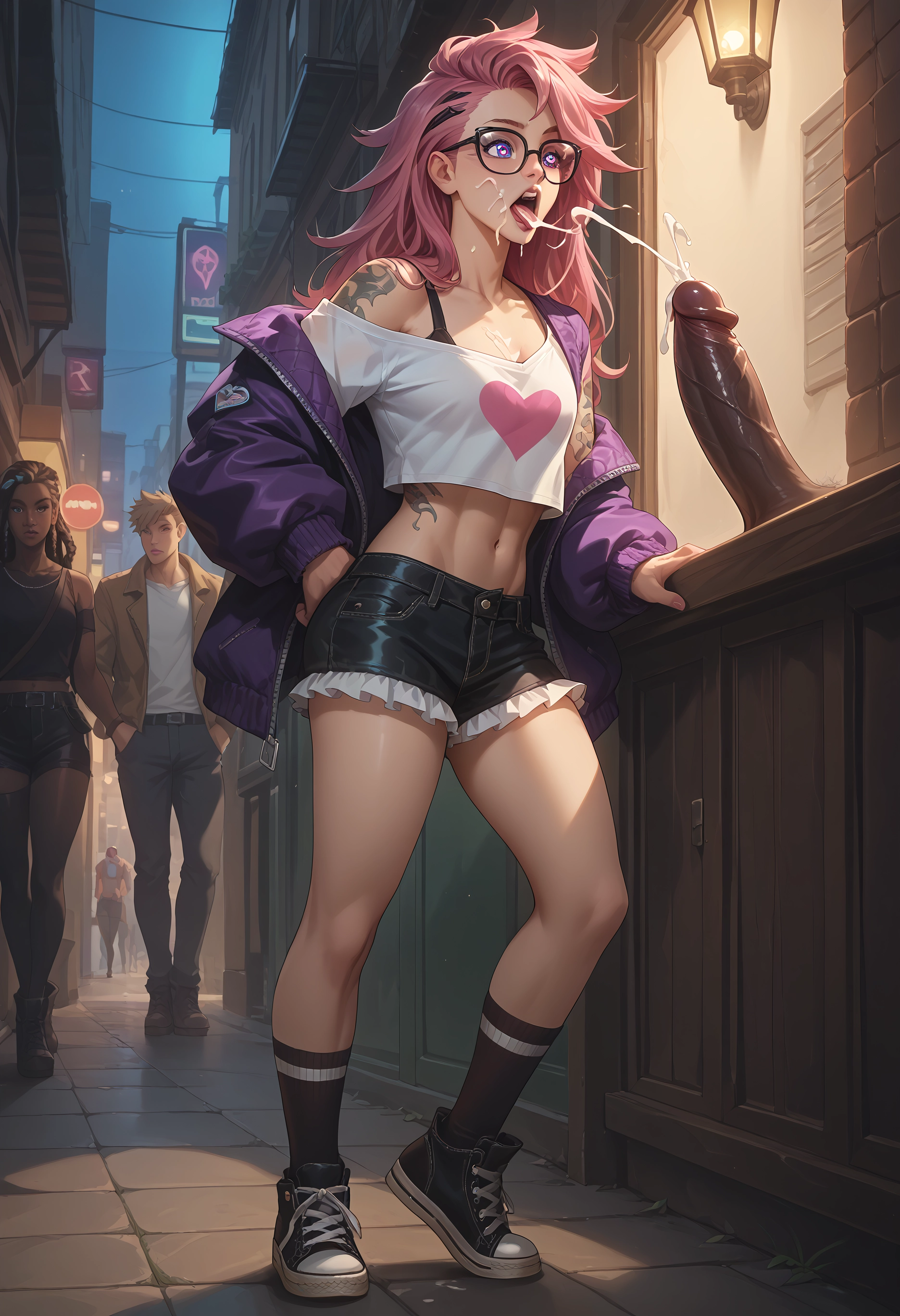 futanari, penis, pink hair, glasses, cum, shorts · Yamete.gg