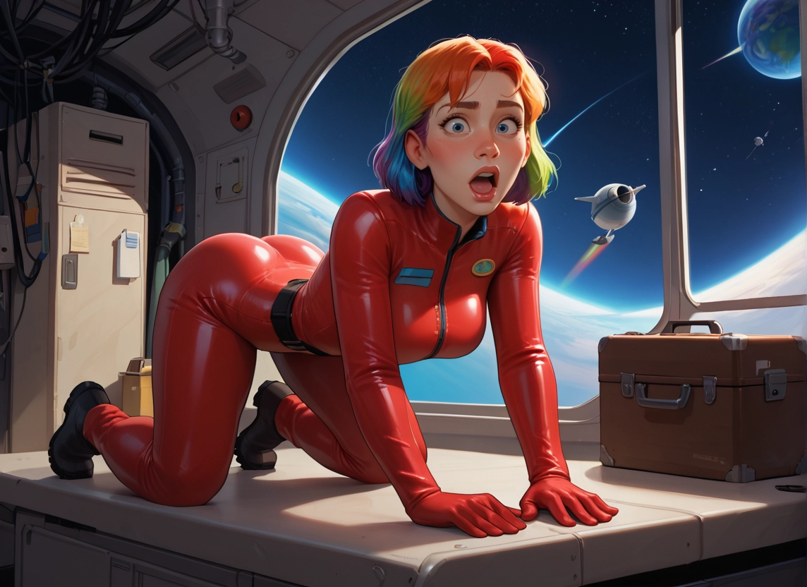 1girl, multicolored hair, solo, red bodysuit, bodysuit, blue eyes · Yamete.gg