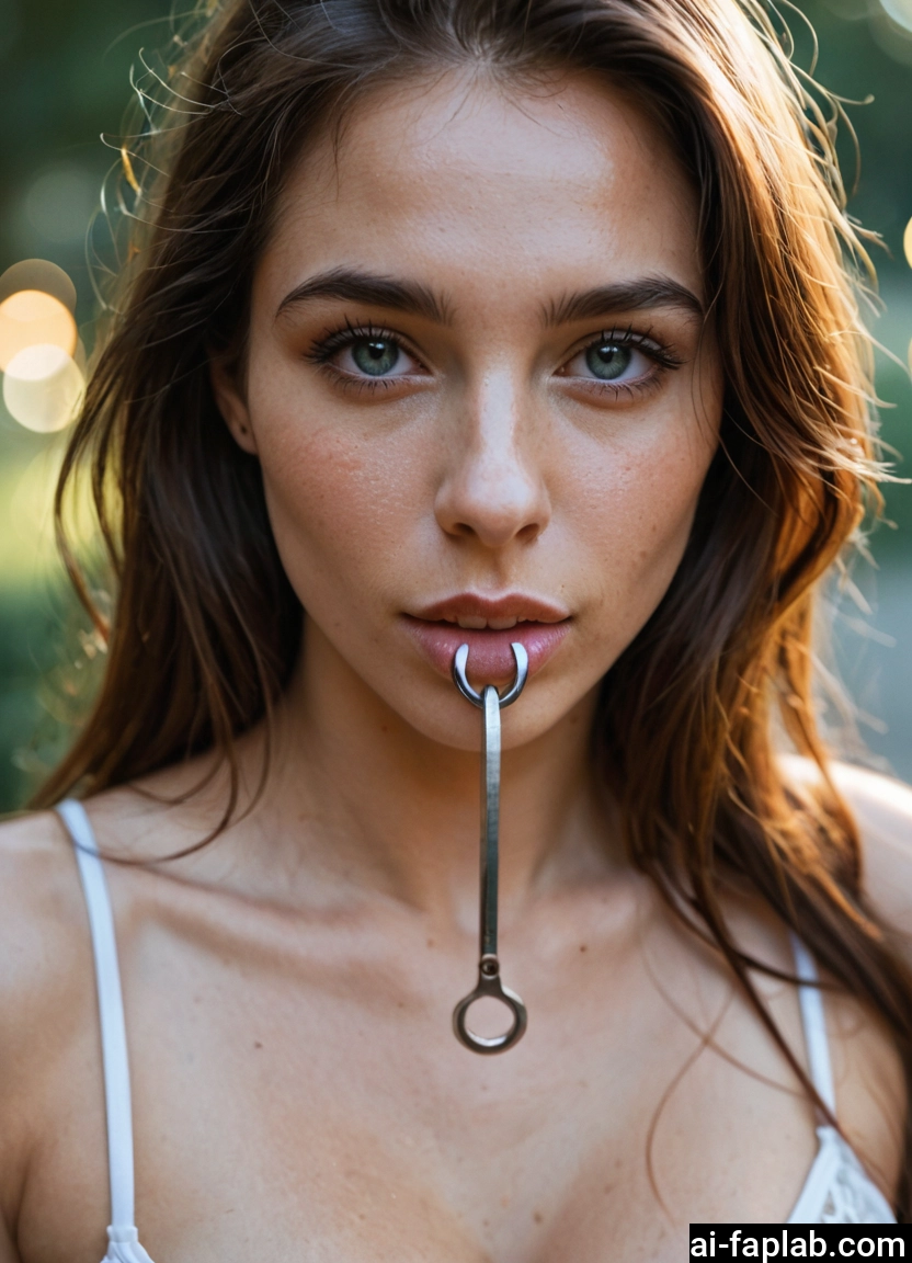 1girl, solo, photo (medium), mouth hold, long hair, brown hair