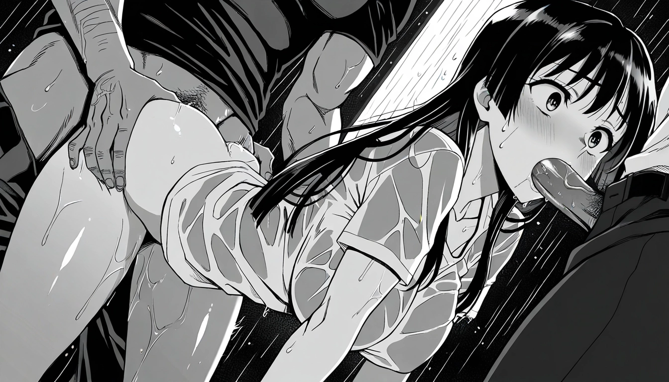 1girl, group sex, multiple boys, greyscale, monochrome, spitroast · Yamete.gg