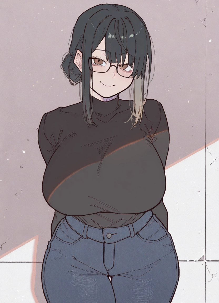 1girl, breasts, pants, glasses, smile, black hair · Yamete.gg