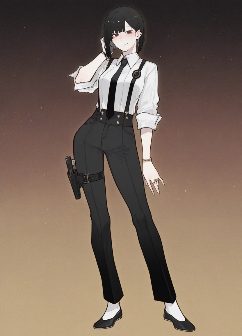1girl, solo, shirt, pants, jewelry, holster · Yamete.gg