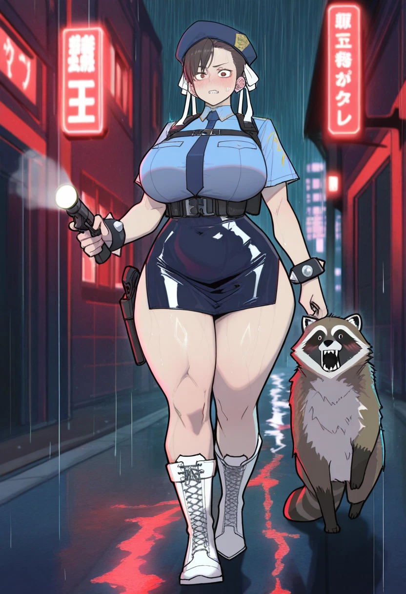1girl, chun-li, police, rain, breasts, police uniform · Yamete.gg