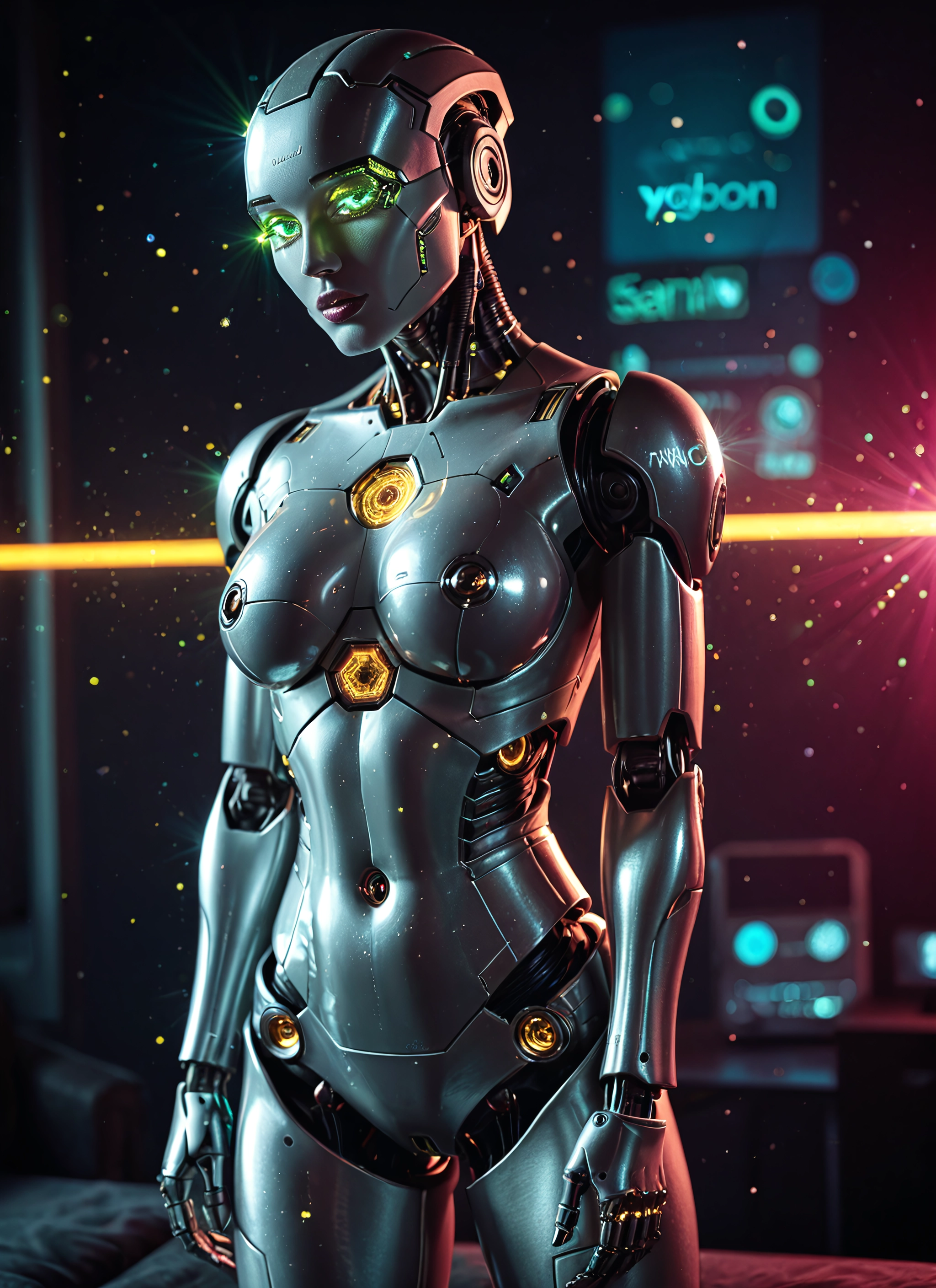 1girl, solo, green eyes, breasts, glowing, robot joints · Yamete.gg