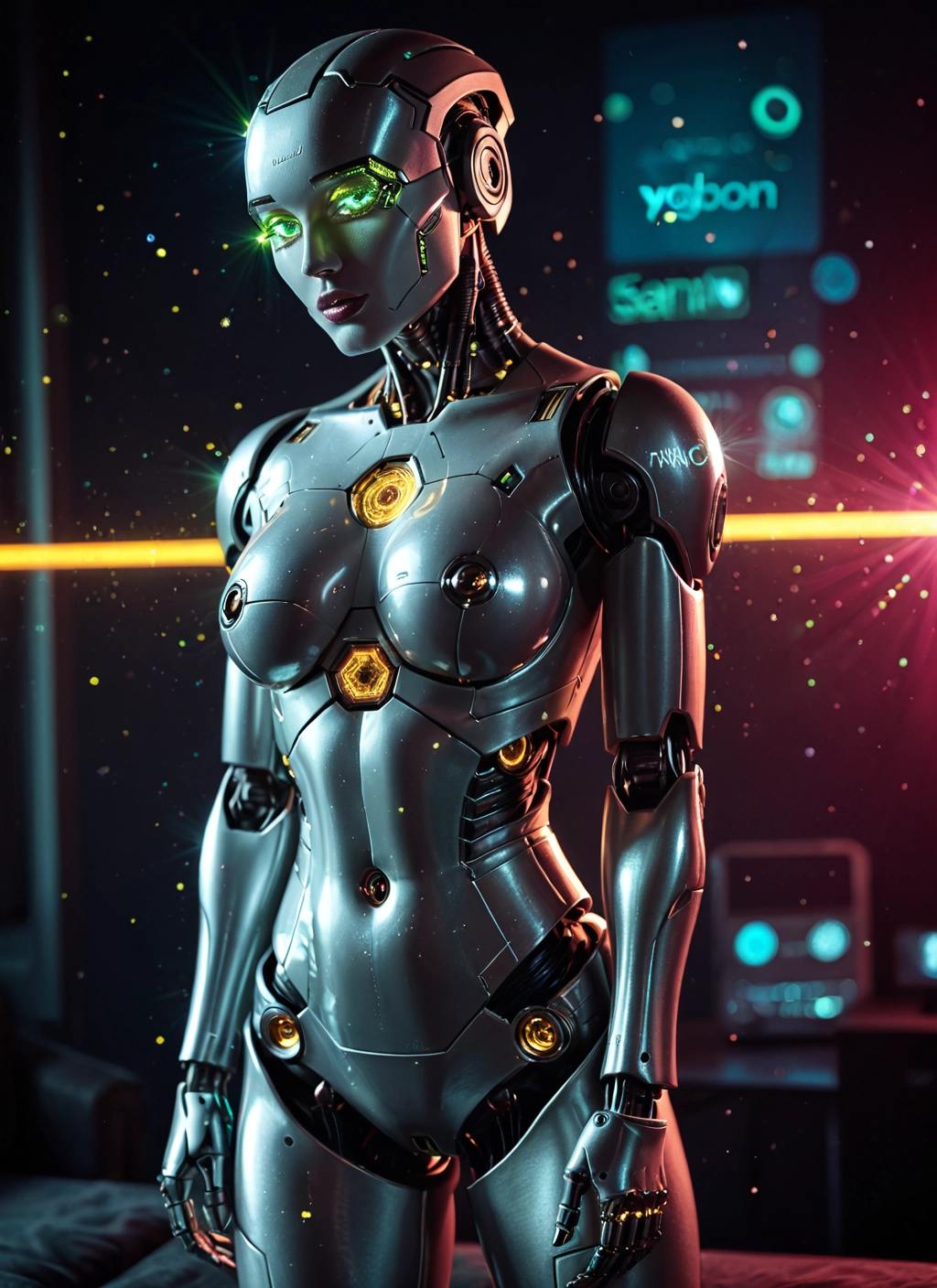 1girl, solo, green eyes, breasts, glowing, robot joints
