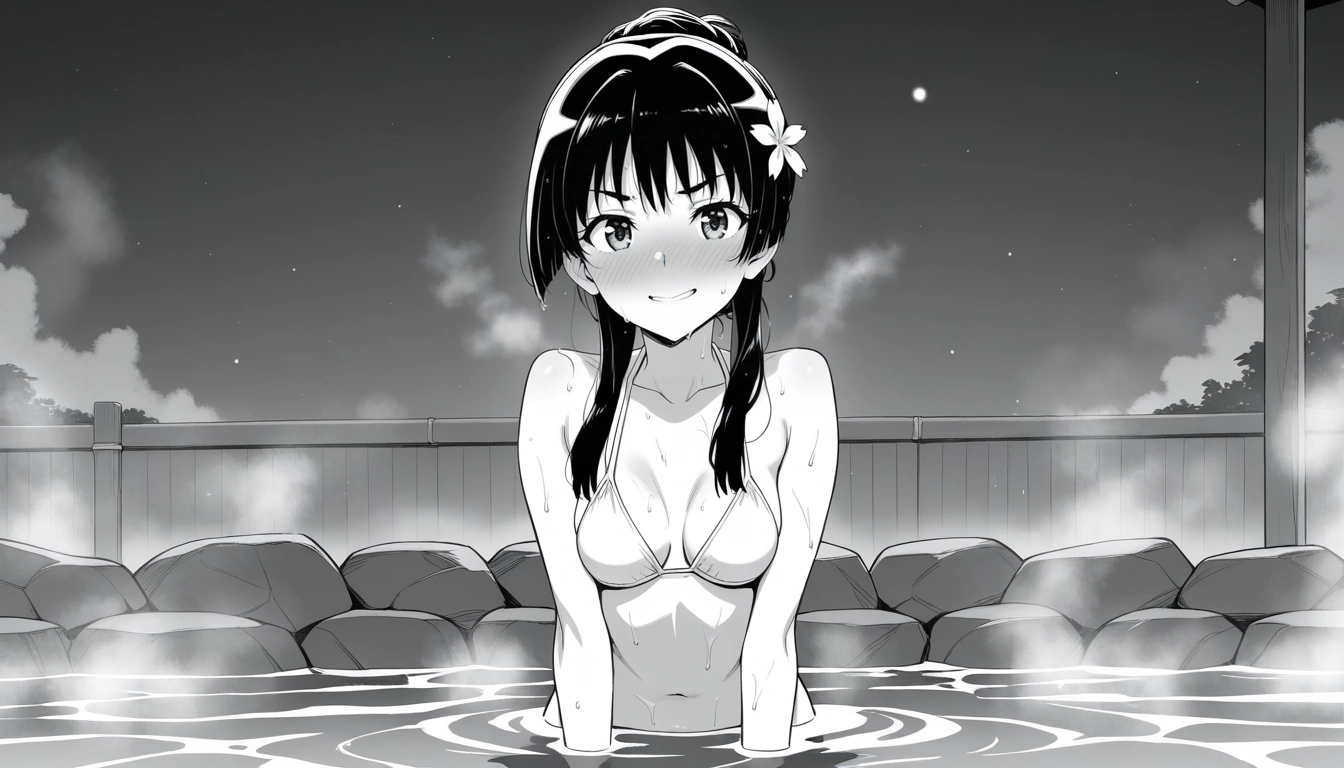 1girl, monochrome, greyscale, onsen, solo, swimsuit · Yamete.gg